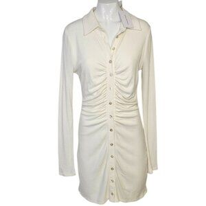 Lovers + Friends Bernie Mini Dress, Waffle Knit, Ivory, Front Button, Shirred, M